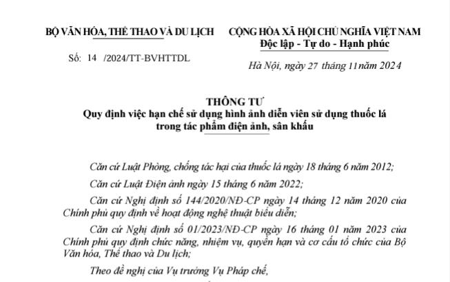 Hạn chế sử dụng hình ảnh diễn viên sử dụng thuốc lá trong tác phẩm điện ảnh, sân khấu